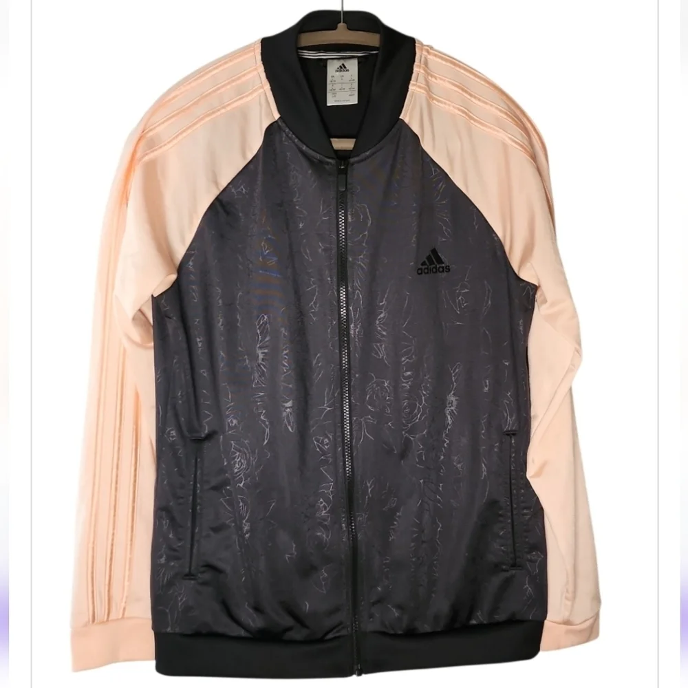 Adidas Originals Pink & Black Floral Embossed Zip Track Jacket Women Size Large